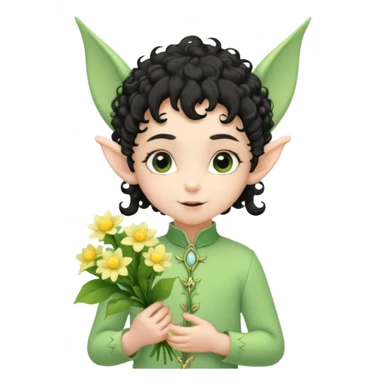 Tiny elf baby black curly hair with pointy ears and hat, pastel green outfit, hold flowers sticker