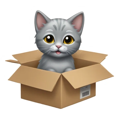 The grey kitten is in the cardboard box fo sticker