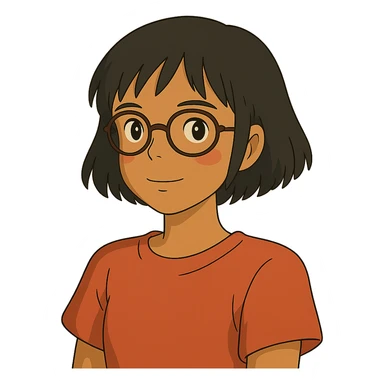 ghibli style Asian girl with tan skin, short black hair, and glasses sticker