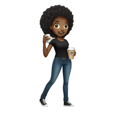 African American female talking on cellphone and holding a coffee wearing black shirt and jeans full length chibi sticker