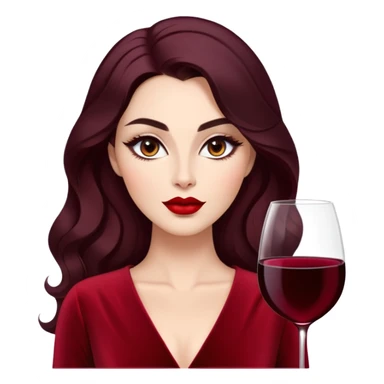 Confident woman with luminous skin, elongated face, defined features, dark almond eyes with dramatic eyeliner, thick eyebrows, straight elegant nose, full bright red lips, voluminous dark hair with soft waves, wine red velvet V-neck dress sticker