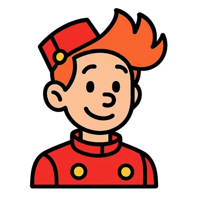 Spirou character as a color outline icon with black outlines and flat color fills, modern icon style sticker