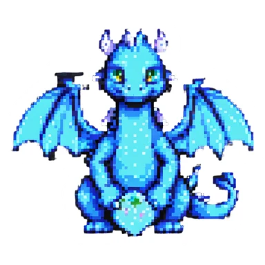 pixel art dragon with tiny wings, sitting and smiling sticker