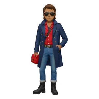 Man with long brown hair, brown goatie, sunglasses, wearing red button up shirt with a sling horizontally across the torso, wearing a black trenchcoat, blue jeans, long black military boots, red fingerless gloves, green backpack sticker