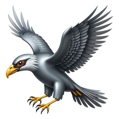 Emoji-style icon of a large metallic predatory bird flying, sharp wings, steel texture, dramatic pose, no gold sticker