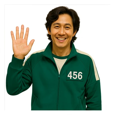 Edit the main character from Squid Game series in green tracksuit with number 456, smiling and waving. Keep the original style and minimal background. Remove the background entirely. sticker