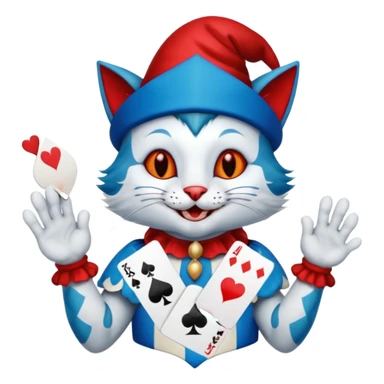 crazy colorful cute little cat jolly joker from poker, medieval, vintage, court jester, mac os icon, blue color, holds a single poker card on the right paw sticker