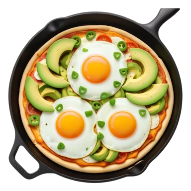 A breakfast skillet with melted cheese, pizza toppings, sliced avocado, and a fried egg on top sticker