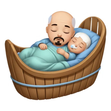 a bald baby with a black goatee sleeping in a cradle sticker