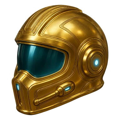Make the golden pilot helmet more futuristic with sci-fi elements, glowing blue lights, a streamlined shape, and vibrant gold color. No background. sticker