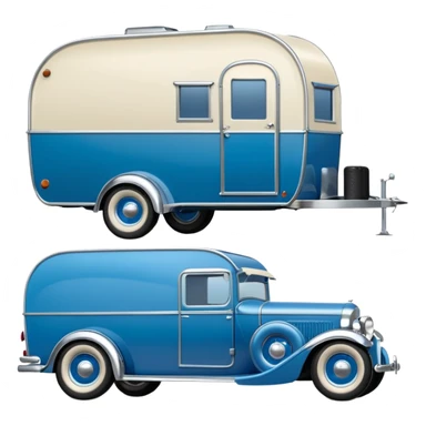 A 1934 hot rod caravan pulling a large matching trailer, blue and pearl  sticker