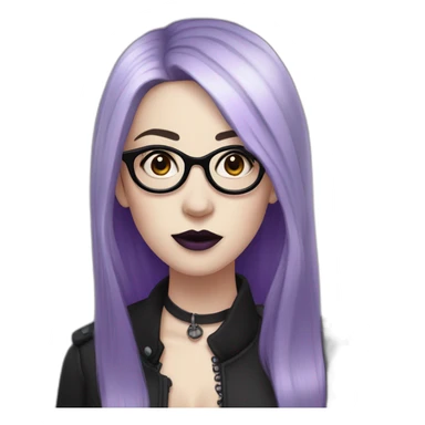 goth woman with long side parted purple hair and oval glasses, pale skin, sticking out tongue sticker