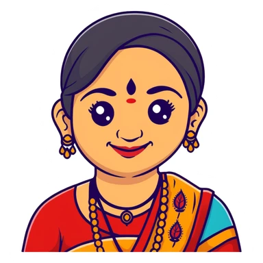 A cheerful Indian aunt (mausi) character with a plump face, smiling, wearing traditional Indian clothing and a bindi sticker