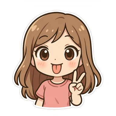 girly character sticking tongue out and showing peace hand sign, chibi style, big eyes, cheerful sticker