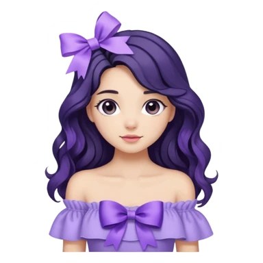 Girl with black wavy long hair and a ribbon hair clip beside it make it look like wearing a lavender off shoulder  sticker