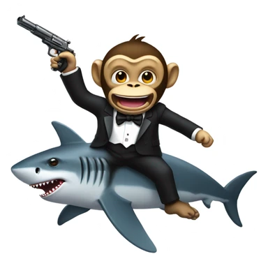 monkey riding a shark holding a gun wearing a tuxedo sticker