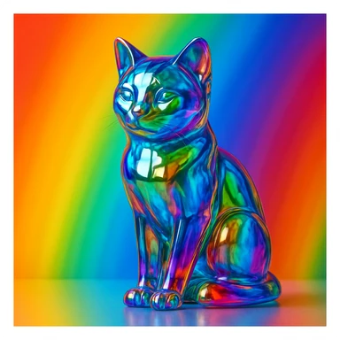 3D glass statue of a cat with rainbow colors in the background sticker