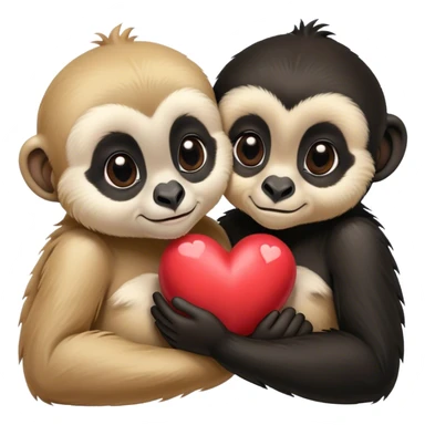 Two gibbons, one black and one tan, embracing with a heart, cute Disney-style  sticker