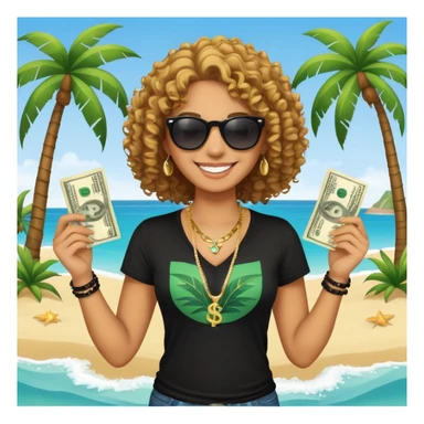 Smiling person with curly hair wearing black t-shirt and necklace, sunglasses, showing dollar bills, beach with palm trees sticker