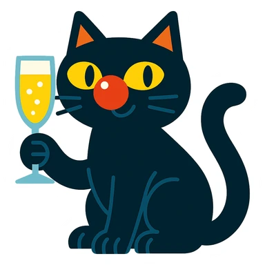 black cat with a clown nose and champagne glass, cartoonish and fun sticker
