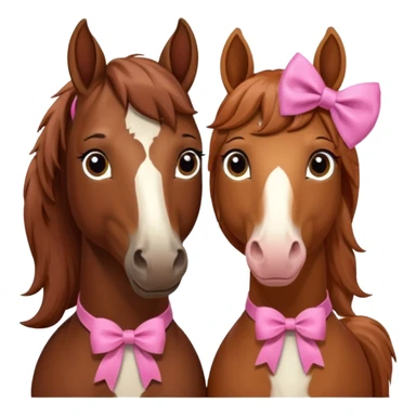 i want you to make a brown horse and a chestnut horse looking like best friends and having a pink bow on their maine next to ther ear sticker