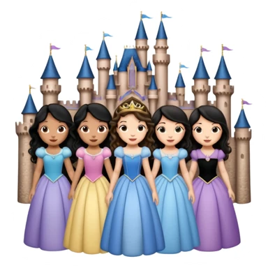 Quiero que crees una imagen donde este el castillo de Disney y por detrás o delante pon a quatro chicas: una con el pelo largo rizado marrón , otra con el pelo muy corto negro, otra con el pelo mediano liso marrón y otra con el pelo negro largo liso sticker