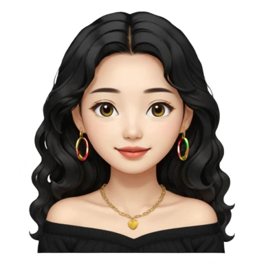 A South Korean girl with long, dark black wavy hair with middle part and layers. She is wearing a black off the shoulder long sleeve knit sweater, small gold hoop earrings and thin gold necklace. She is sweet and smiling with lips together sticker