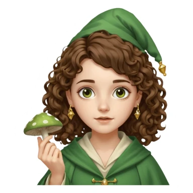 very beautiful italian girl, looking like Emma Watson, with curly and big volume very bright brown hair, and a golden piercing ring in nose on left side, dressed in a beautiful wizard robe of green colors, holding fly mushroom sticker