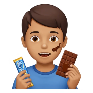 A boy holding a chocolate bar with him chewing on the bite he took sticker