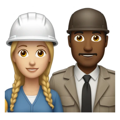 A white-helmeted couple of architects, featuring a white woman and a brown-skinned man sticker