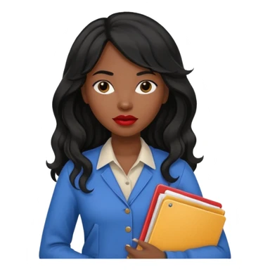 A young woman with long black hair, a wavy frange falling on half of her head. There's a long wavy stretch of hair falling on the side of her head. She's black, medium to dark skinned with thick lips. She's holding folders, and she's a CEO, but she's wearing casual clothes. sticker