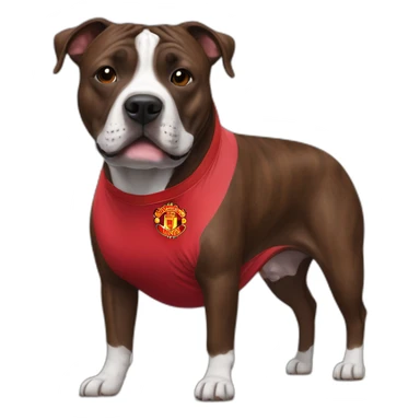 Brindle Staffie wearing Manchester United shirt sticker