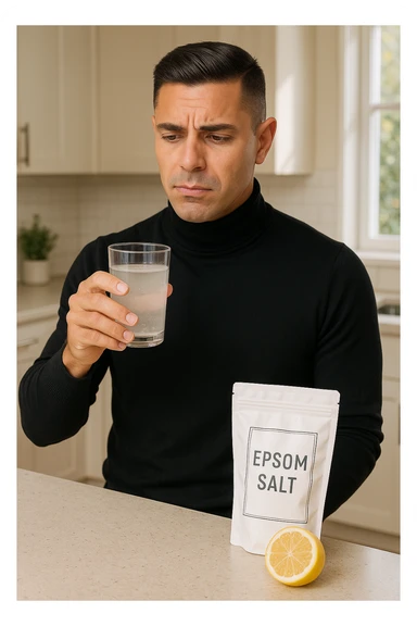 A realistic, bright photo-style image of a young man in his 30s standing in his kitchen, holding a clear glass filled with water in which Epsom salt (magnesium sulfate) has been dissolved. He looks focused but slightly uncertain as he prepares to drink it for a liver flush or digestive cleanse. The glass shows slight cloudiness from the dissolved salt. On the counter are a packet labeled 'Epsom Salt' and a sliced lemon, suggesting he might use it to mask the taste. The setting is clean, natural, and bright with neutral tones. The background shows sunlight streaming through a window, emphasizing a clean, minimalist health-focused environment. The mood conveys a realistic, calm moment of self-care with a hint of discomfort, illustrating a natural detox practice in italiano sticker
