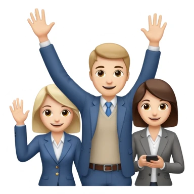 playful product owner emoji, person leading a team meeting, everyone smiling and high-fiving sticker