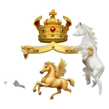 Create an ornate coat of arms featuring two majestic horses rearing on either side. The central shield should display a radiant sun with a face, surrounded by golden rays. Above the shield, include an elaborate crown adorned with intricate details. sticker