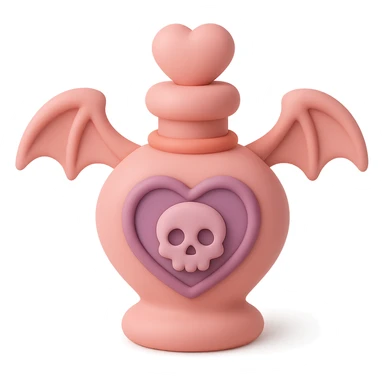 Create a mochi style pink goth potion bottle, add a bat motif and a heart-shaped stopper. Keep the soft and cute gothic look, no background. sticker