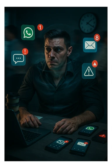 A highly realistic, cinematic portrait of a young man in his early 30s with a tired, tense expression, sitting at his modern office desk surrounded by multiple smartphones with glowing notification bubbles (WhatsApp, emails, alerts) hovering around him like aggressive neon icons. His posture is hunched, shoulders raised, eyes slightly wide, and jaw clenched, representing constant hyper-vigilance and stress. The environment is a cold, cluttered workspace with a laptop displaying endless emails and Slack notifications, coffee cups stacked nearby, and a clock showing late hours, symbolizing the relentless pace of modern work life. Behind him, ghostly blurred figures rush by in a fast-motion effect, representing the constant rush and societal pressure. A faint, tight grey aura wraps around his chest and head, symbolizing blocked breathing and mental tension, while faint blue light tries to push through, representing the body’s desire to find calm. The lighting is harsh and cool, with a 35mm hyperrealistic film style, shallow depth of field focusing on the man’s stressed face and the floating notifications, illustrating the modern trap of always being on alert. sticker