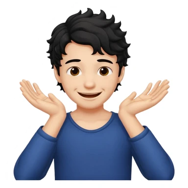 a boy with black wavy hair smiling very big but strangling his neck with his hands sticker