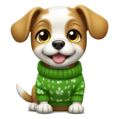 Little dog wearing sweater with four-leaf clever and waving a paw sticker