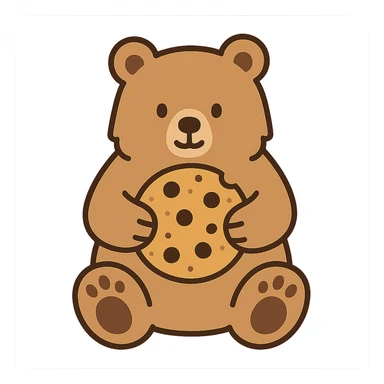 flat toon style blonde grizzly bear sitting, full body, holding a large chocolate chip cookie sticker