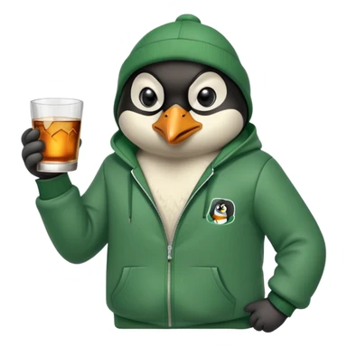 head and shoulders portrait of a friendly anthropomorphised penguin wearing a green mafia-style tracksuit, angry intense brooding expression, holding a glass of whiskey sticker
