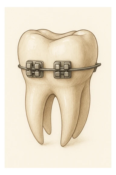 a realistic tooth with metal braces, detailed, medical illustration style sticker