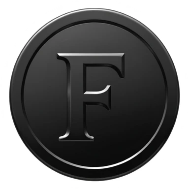 Emoji icon of a black coin with engraved letter F, minimalist style, isolated, only black color sticker