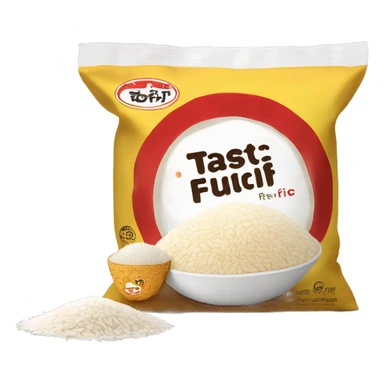 A bag of rice with a bowl of fluffy white rice in the center. The packaging is brown and white with red accents, featuring the bold 'Tastic' logo and promoting 'whiter and fluffier' long-grain parboiled rice. sticker