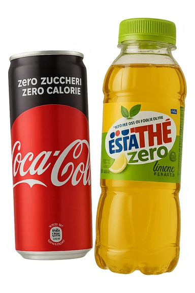 lattina di coca cola zero fluttua accanto a bottiglia di esta-thè zero, iperrealistiche 4k sticker