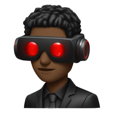Cyberpunk man wearing black suit, red VR headset sticker