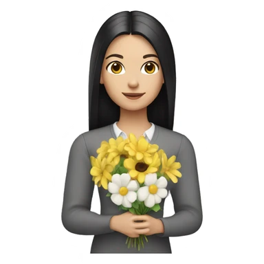 white girl, with black long straight hair wearing a pastel yellow jumpsuit with white shirt in it and carrying a flower arrangement in her hands sticker