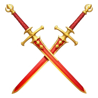 Two crossed swords that are golden in blade and handle and have fiery and royal appearence to them as well as red gem stones yellow in color sticker