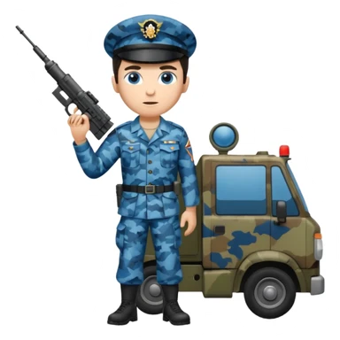Full body of a dark haired blue eyed army man with radar truck weapon and wearing camo uniform  sticker
