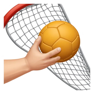 A close-up of a hand gripping a handball, with the handball gates visible in the background. The focus is on the texture of the ball and the strength of the grip, with the goal net slightly blurred to emphasize the anticipation of the throw. sticker